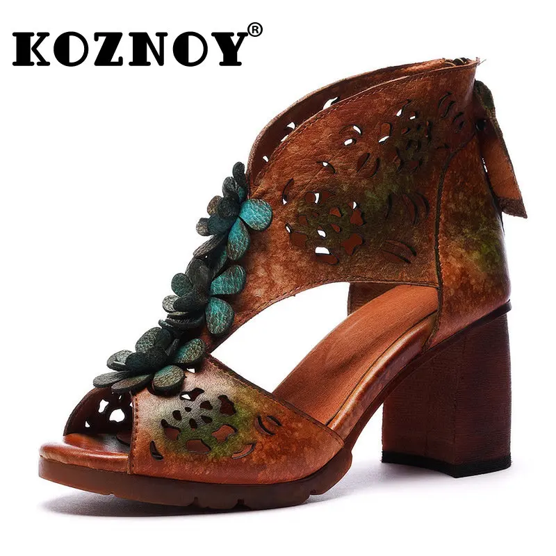 

Koznoy 6.5cm Luxury Cow Genuine Leather Summer Chunky Heel Women Sandals Pumps Appliques Flower Leisure Elegance Designer Shoes