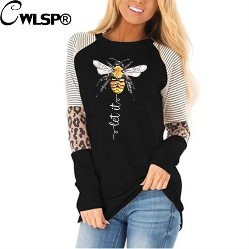 

Autumn Patchwork Leopard Hillbilly Bee Print T-shirts Women's Long Sleeve Top Loose Pullover Tees Harajuku Vintage Tshirt Female