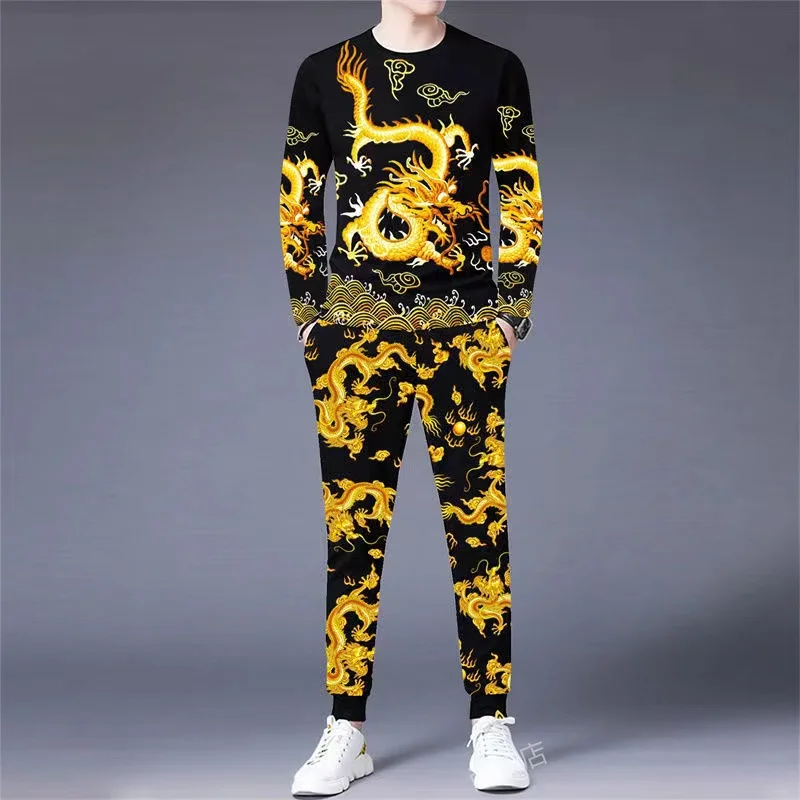 

2024 New Spring Dragon Suit Set Men Long Sleeve Sport T-shirt Pants Lucky Chinese Style Popular Casual Clothing Male Versatile