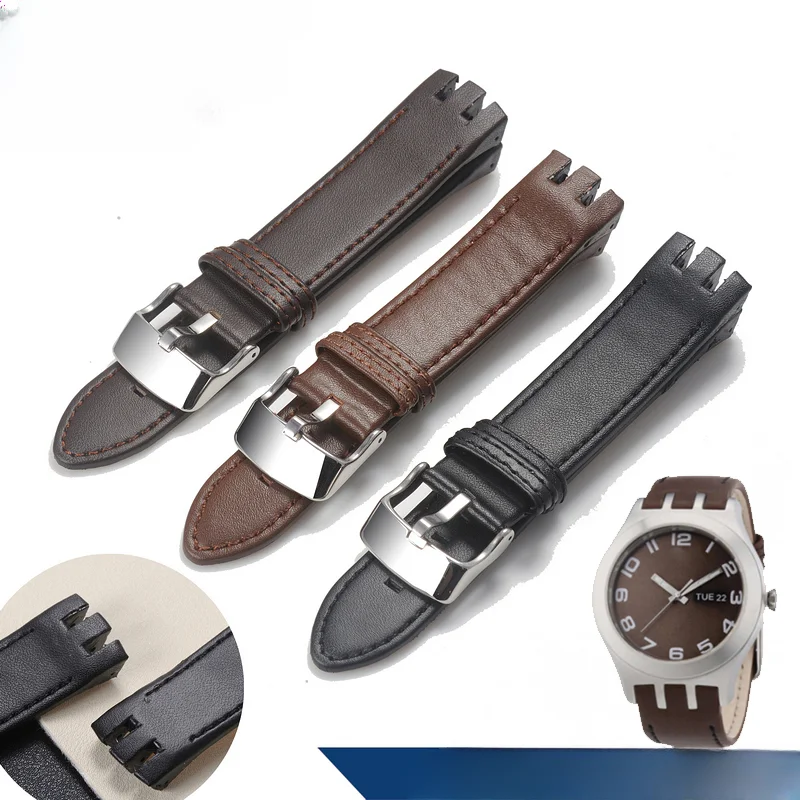 Cinturino Da Uomo Impermeabile Confortevole In Vera Pelle Per Swatch Yts401/402403G Convesso 20Mm Nero Marrone Fibbia A Farfalla Da Polso