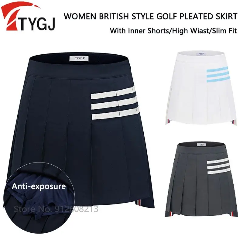 

TTYGJ Women British Style Golf Skirt Ladies Anti-light Irregular Golf Skorts High Waist Sports A-lined Culottes Pleated Skorts