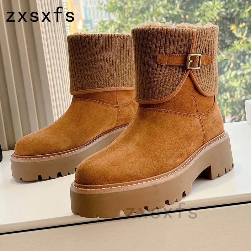 

New Natural Wool Snow Ankle Boots For Women Winter Warm Platform Short Boots Fur Shoes Square Heel Short Boots Women