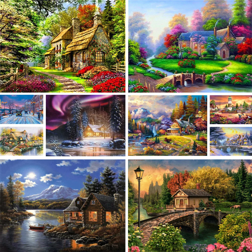 Landscape Countryside House Printed Canvas Cross Stitch Embroidery Set Craft Needlework Sewing Handmade Floss Needle