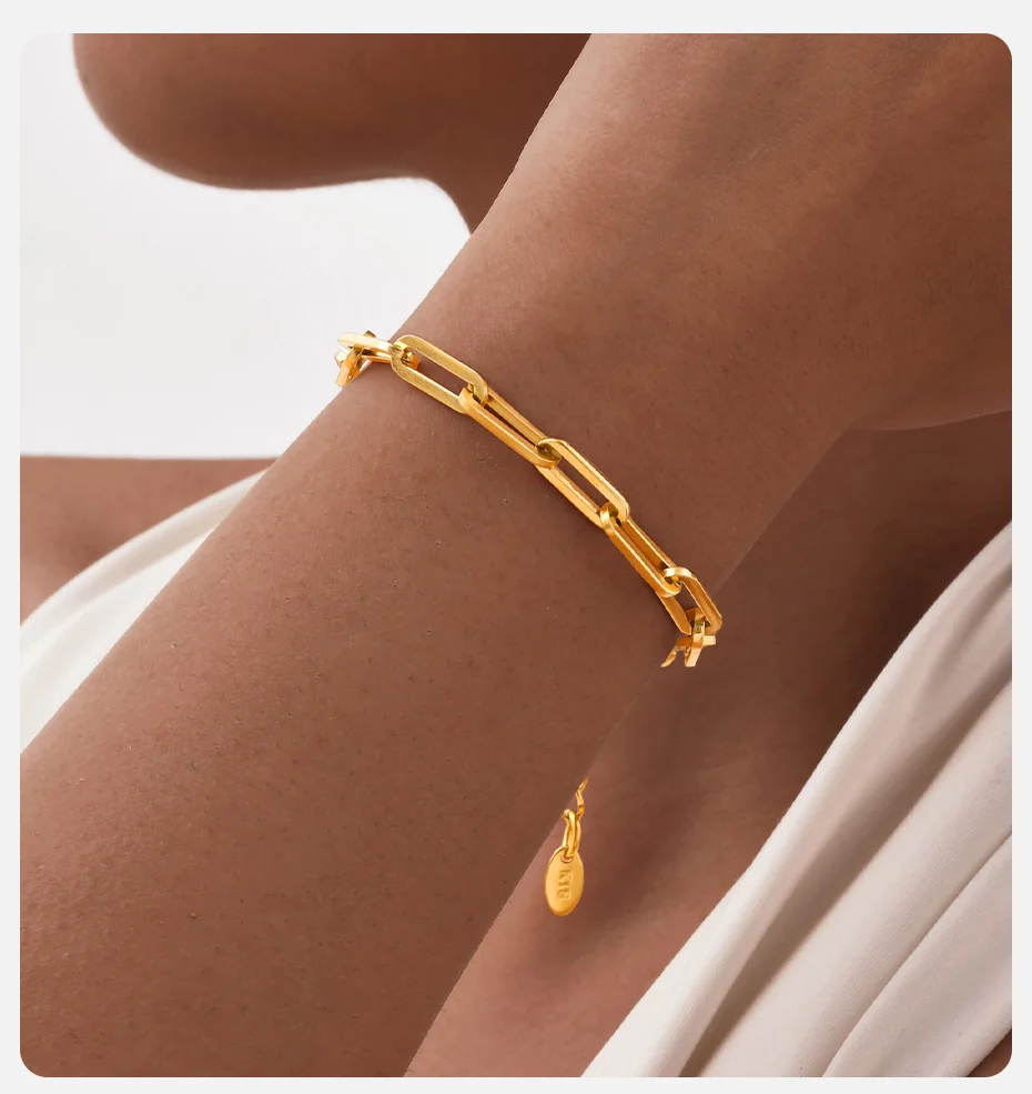 Vnox Büroklammer-Kettenarmbänder, Edelstahlschmuck für Frauen und Mädchen, goldfarbene klassische rechteckige ovale Schwanzarmbänder für den Alltag – Detail 3