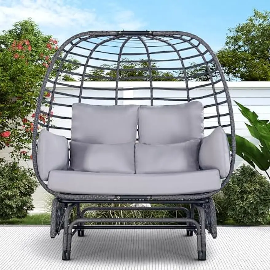 

Double Wicker Rattan Egg Chair - Outdoor Indoor Oversized Egg Basket Rocking Lounger Chair for 2 Persons with Stand and Thicked