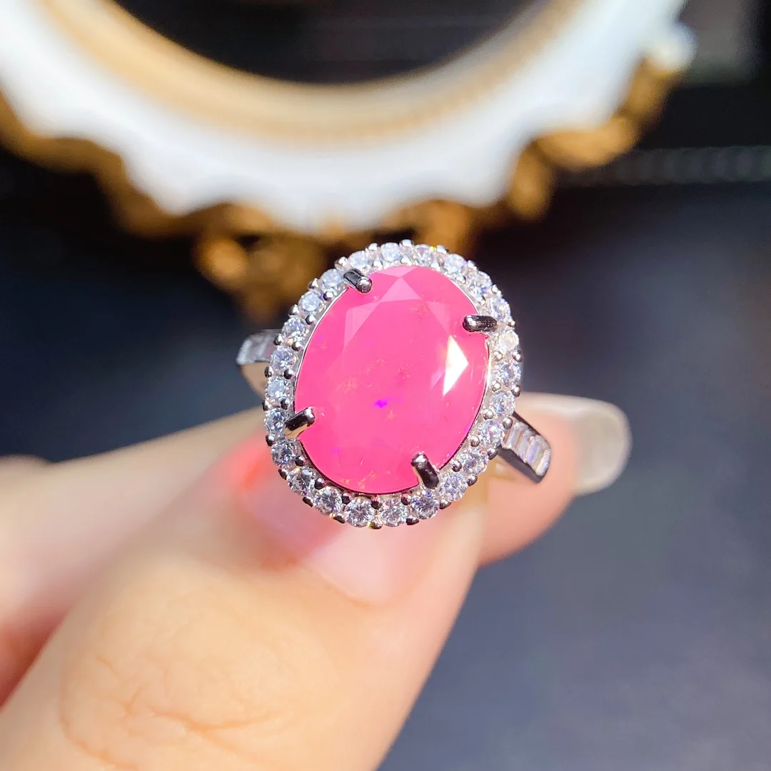 Oval Pink Opal Engagement Promise Ring Sterling Silver 925 Natural Opal Halo CZ Wedding Ring For Women Fine Jewelry