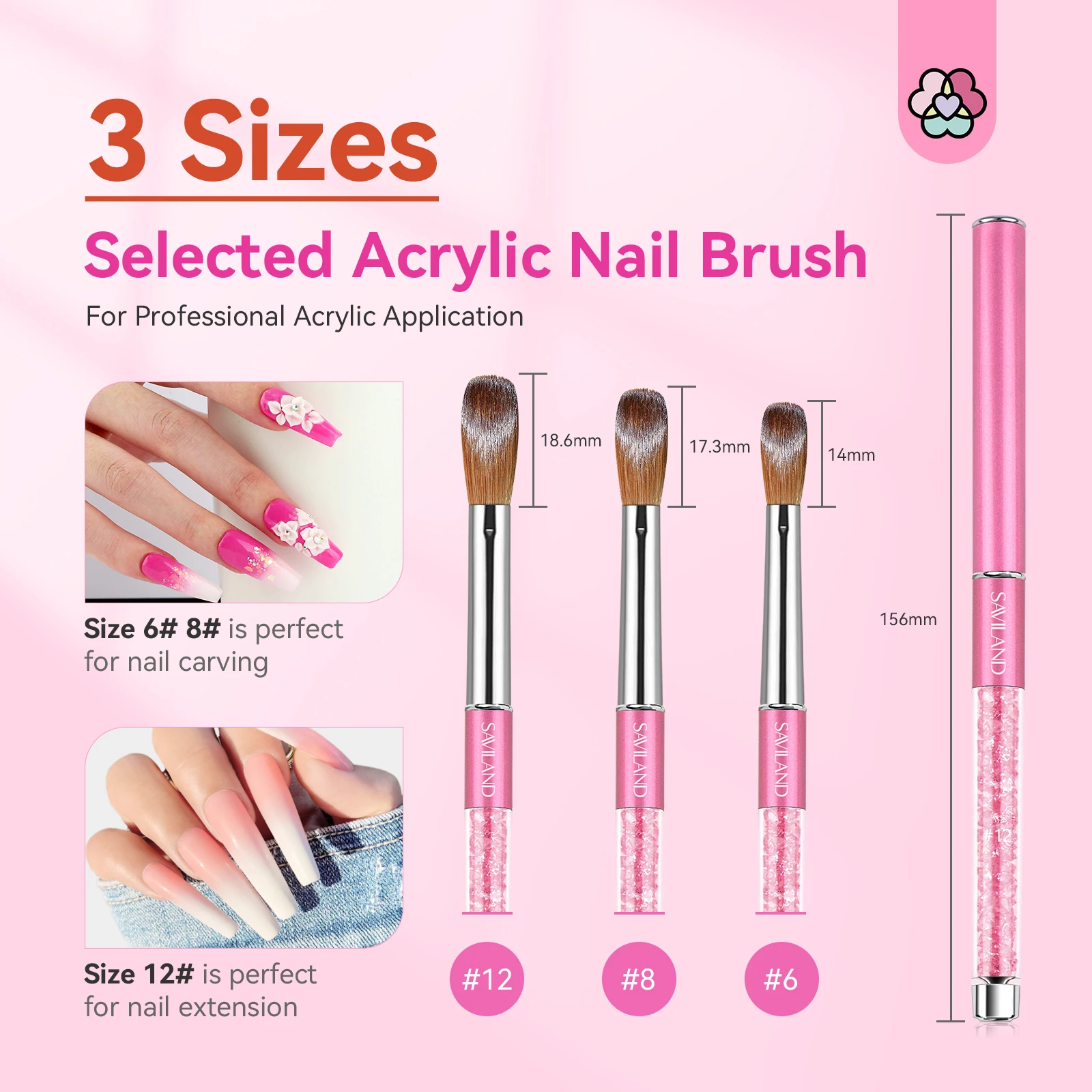 Saviland 3pcs Acrylic Nail Brush Set Professional Acrylic Brush Set for Acrylic Powder Nail Art Extension 3D Carving Nail Salon 6