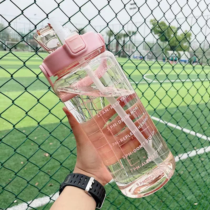 

2000ML Water Bottle With Straw Girls Boy Large Portable Travel Bottles Fitness Cup Summer Sport Water Bottles With Time Scale