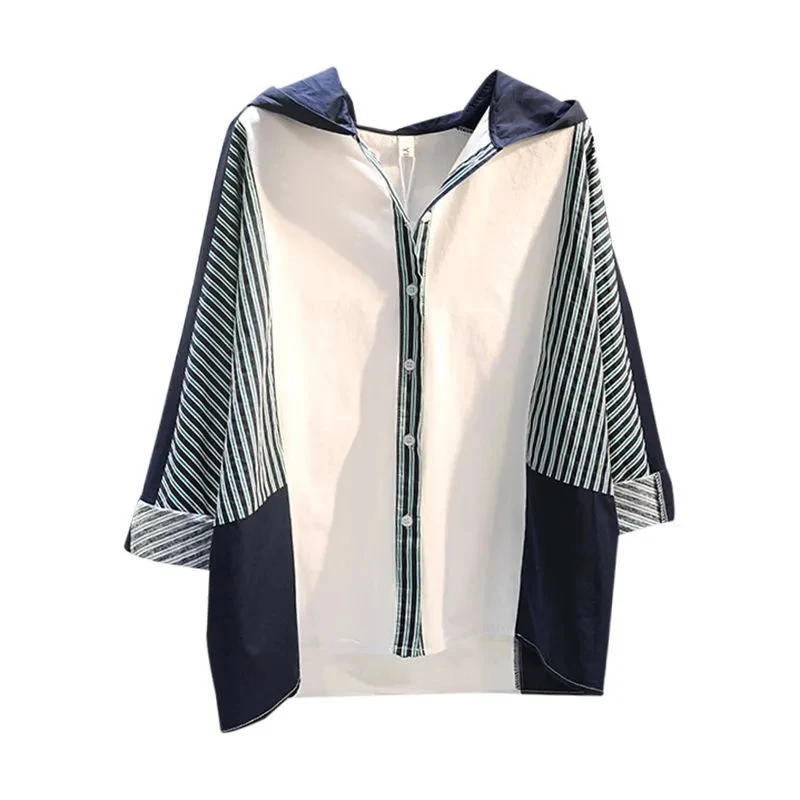 

Summer 2023 Fashion Splicing Stripe Hooded Women Shirt Loose Asymmetrical Long Sleeves Sun Protection Clothing Shirt Female Coat
