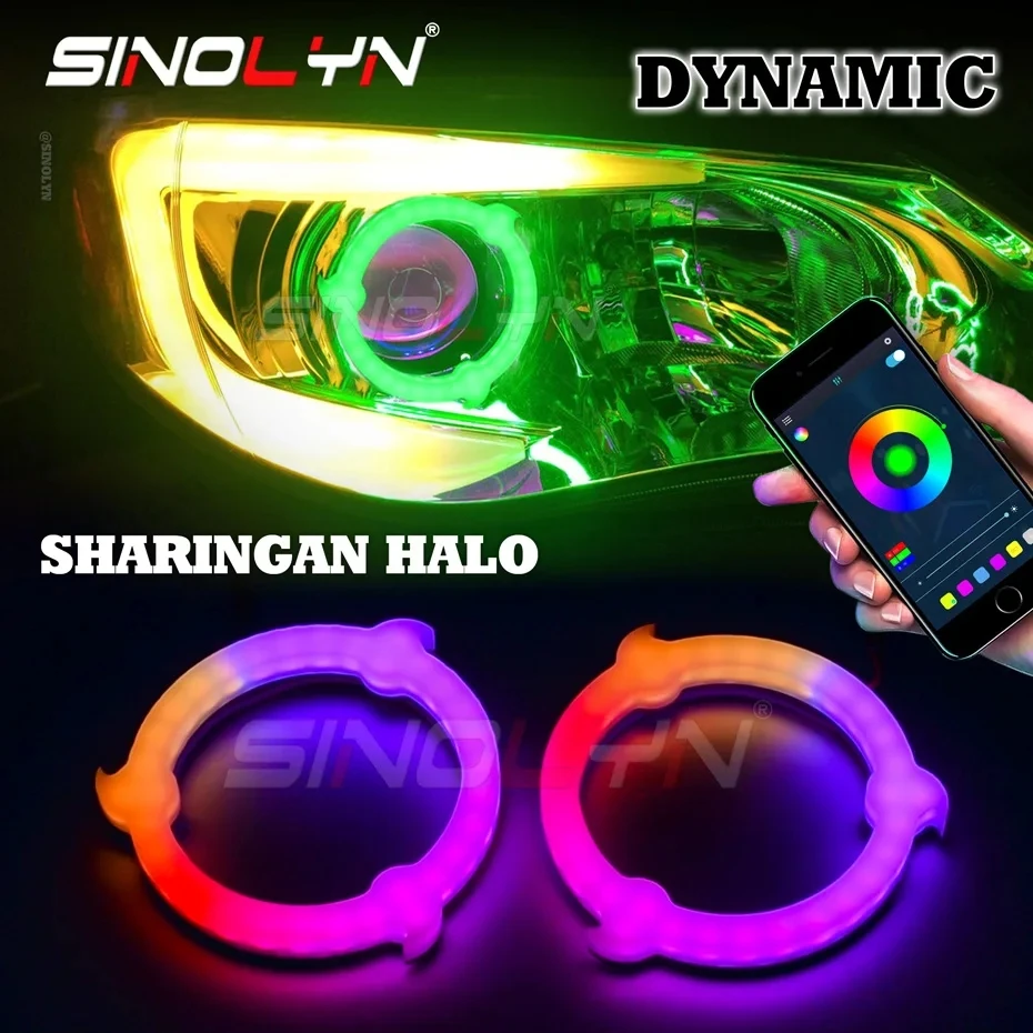 

Sinolyn Sharingan RGB Angel Eyes DRL Динамические вращающиеся последовательные струящиеся ореолы для автомобильных фар ПРИЛОЖЕНИЕ, совместимое с Bluetooth ангельские глазки led ангельские глазки RGB