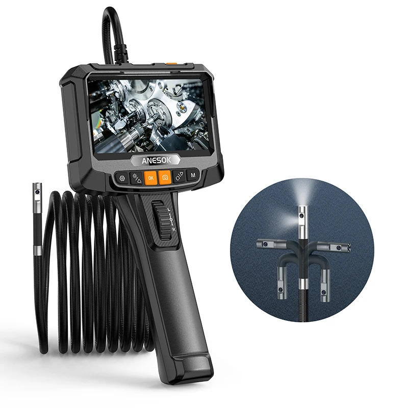 

Dual Lens 1.5M Cable Industrial 8.5mm Probe 360 Degree Two-ways Articulating Endoscope Camera with 5inch IPS Screen
