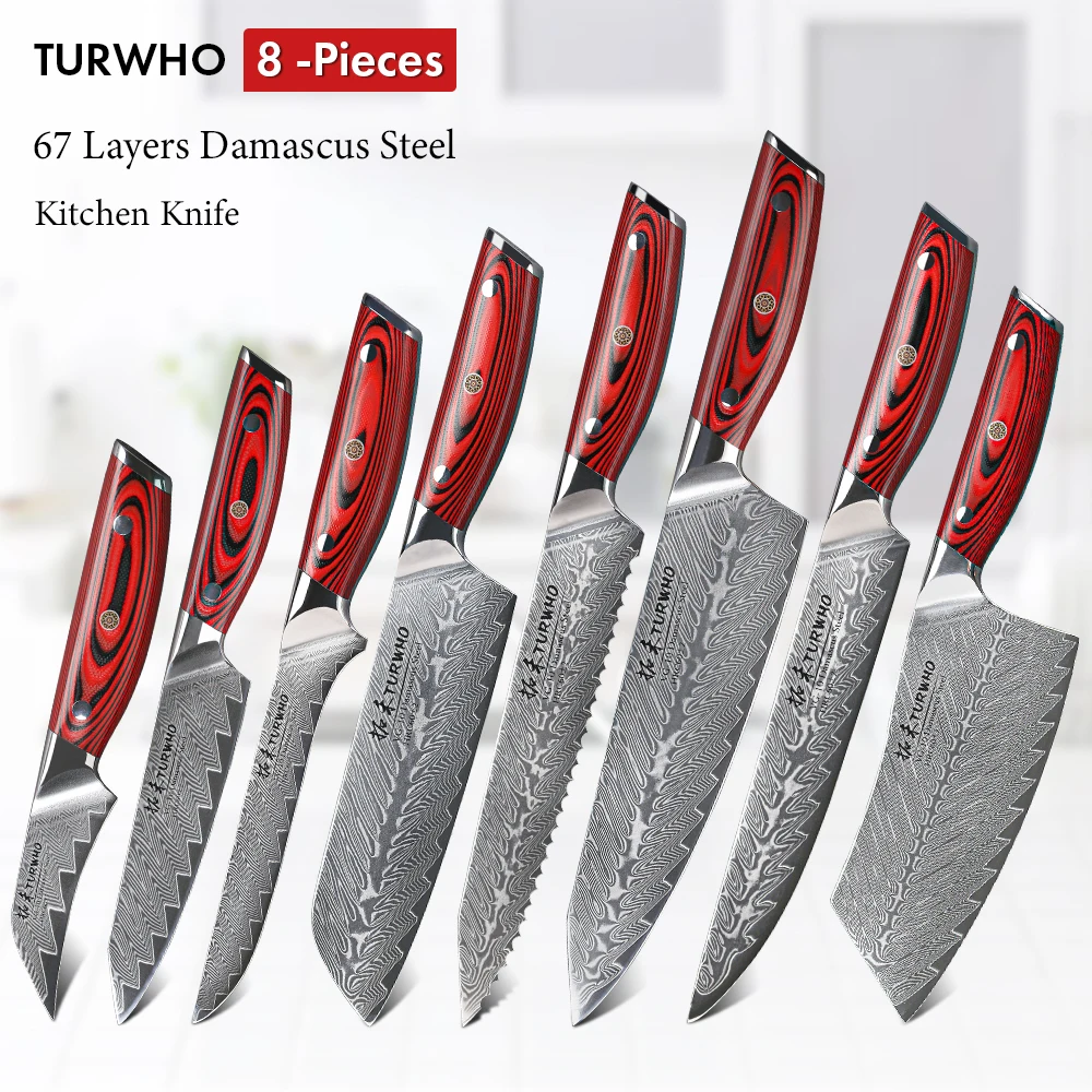 TURWHO 8-PCS Kitchen Knives Set 67 Layer Damascus Steel Chef Knife Japanese Santoku Boning Cleaver Bread Slicing Utility Knife