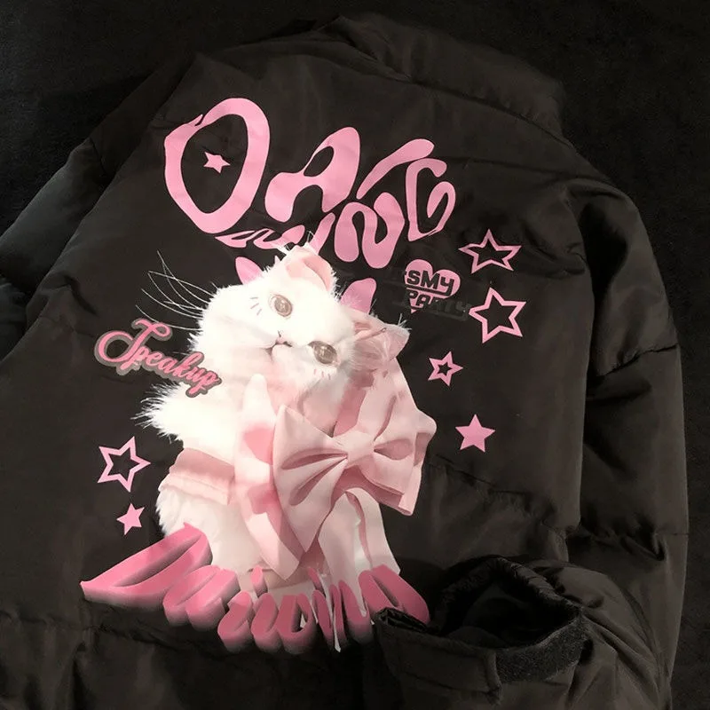 

Women Students Chic Back Pattern Pink Cat Anime Jackets Y2K Aesthetic Parkas Coats American Hi Hop Thick Cotton Winter Outerwear