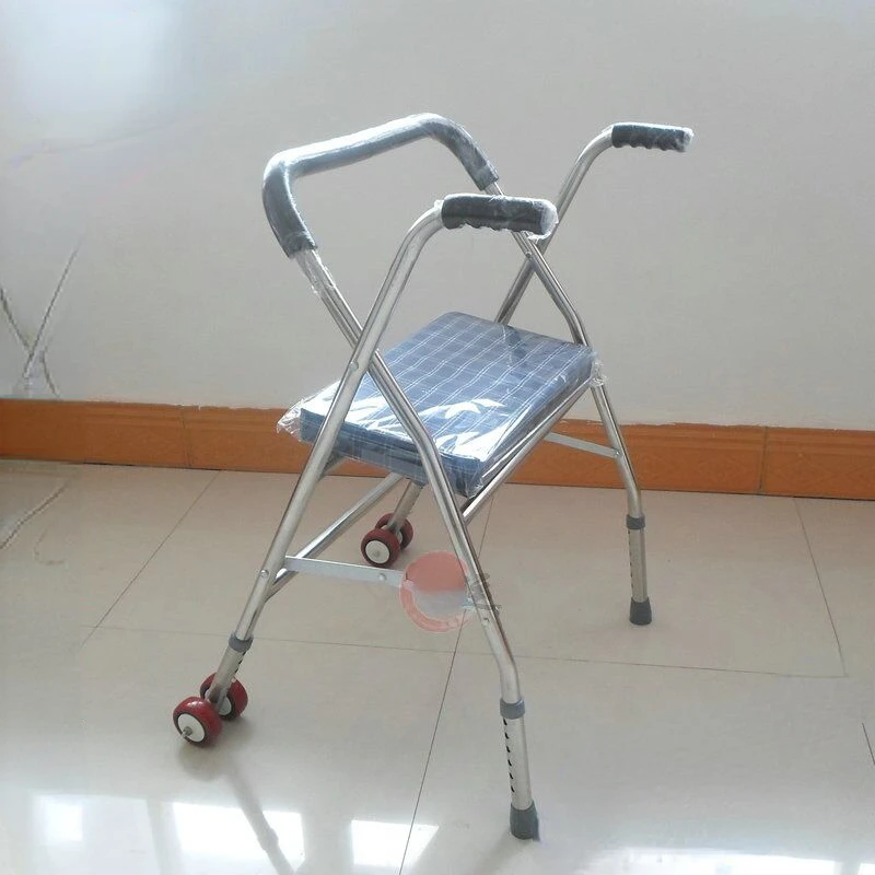 Foldable Cane Chair for Elders Four-Legged Walking Stick with Wheels Portable Outdoor Seat Elderly Rest Solution