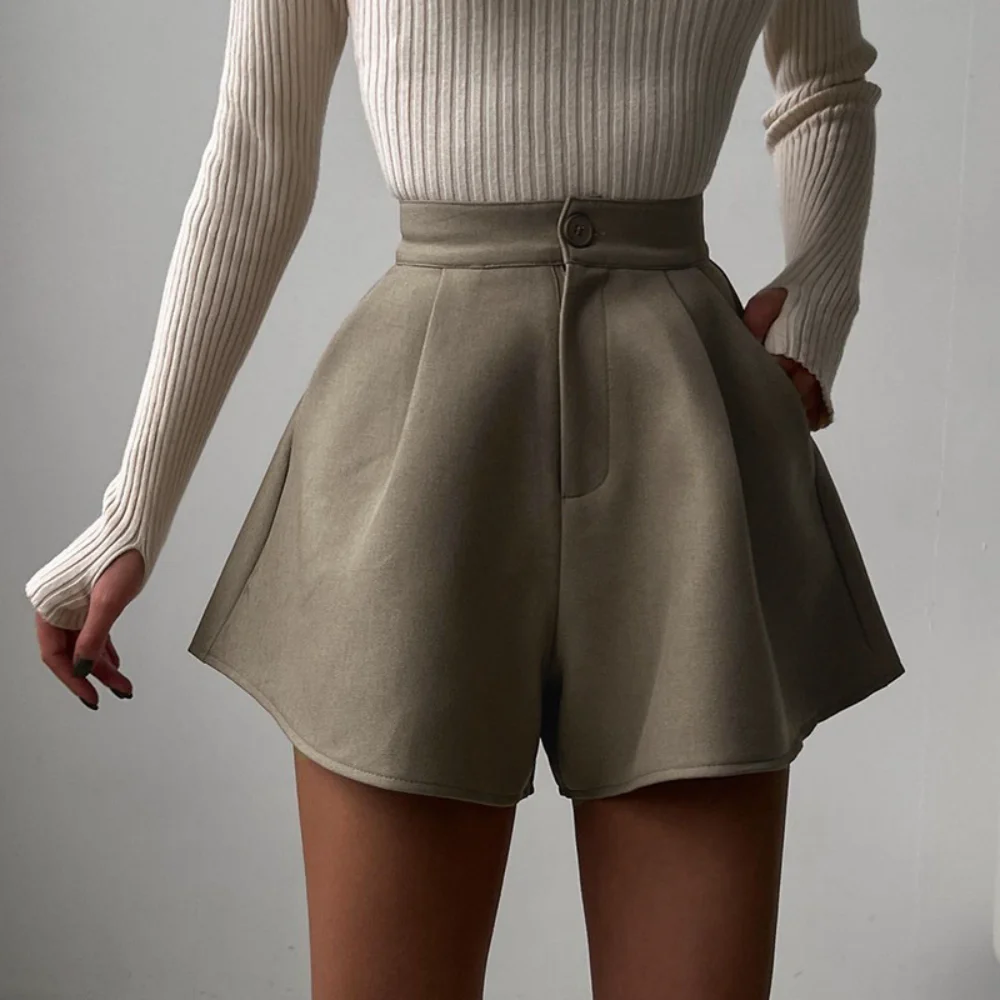 Women High Waist Shorts Summer Casual Loose A-line Wide Leg Short Pants Solid Fashion Pocket Office Lady Trousers Streetwear