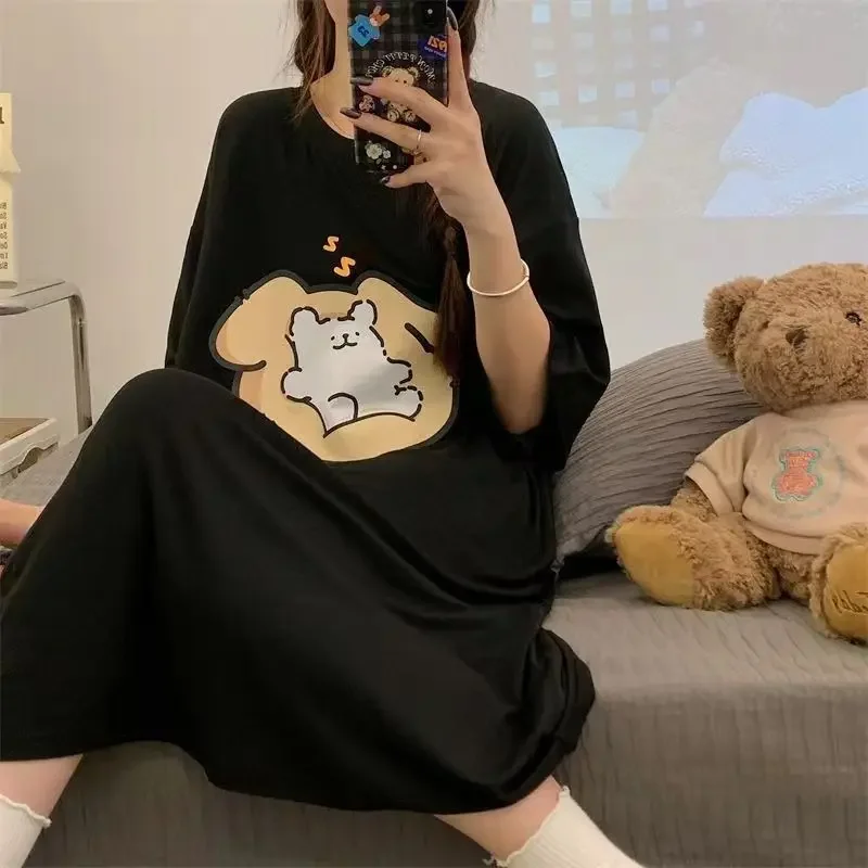 Women Large Size Short-sleeved Lazy T-shirt Skirt Korean Cute Cartoon Pajamas Students Sleepwear 150kg Fat Mm Loose Home Dress women pajamas,sleeping dress