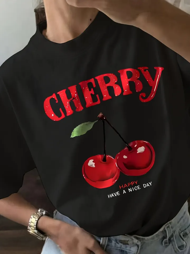 Cherry Blossom Graphic Print Crew Neck T-Shirt - Women's Casual Short Sleeve Summer & Spring Top - Relaxed Fit Breathable