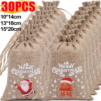 30/1Pcs Christmas Drawstring Bag Santa Claus Snowman Linen Candy Gift Packaging Bags Xmas Favor Bracelet Jewelry Storage Pouch