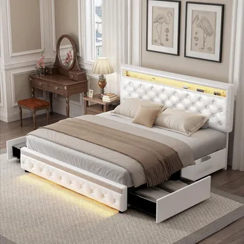 LED Bed Frame with 2 Drawers, PU Upholstered Platform Bed 1
