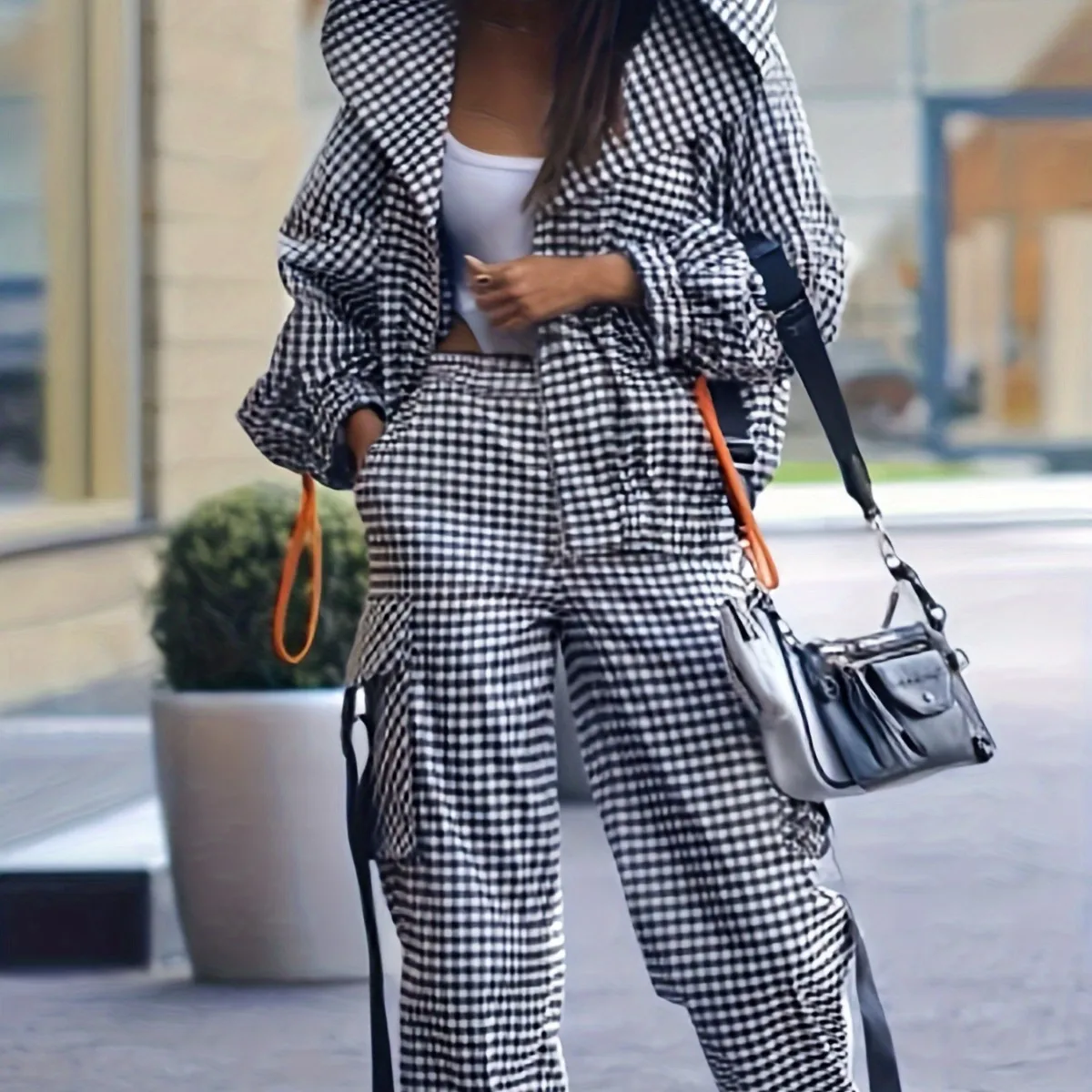 Spring Autumn Casual Plaid Print Women's Set Fashion Pocket Loose Hoodie Long-sleeved Jacket + Trousers 2-piece Suit Street 3