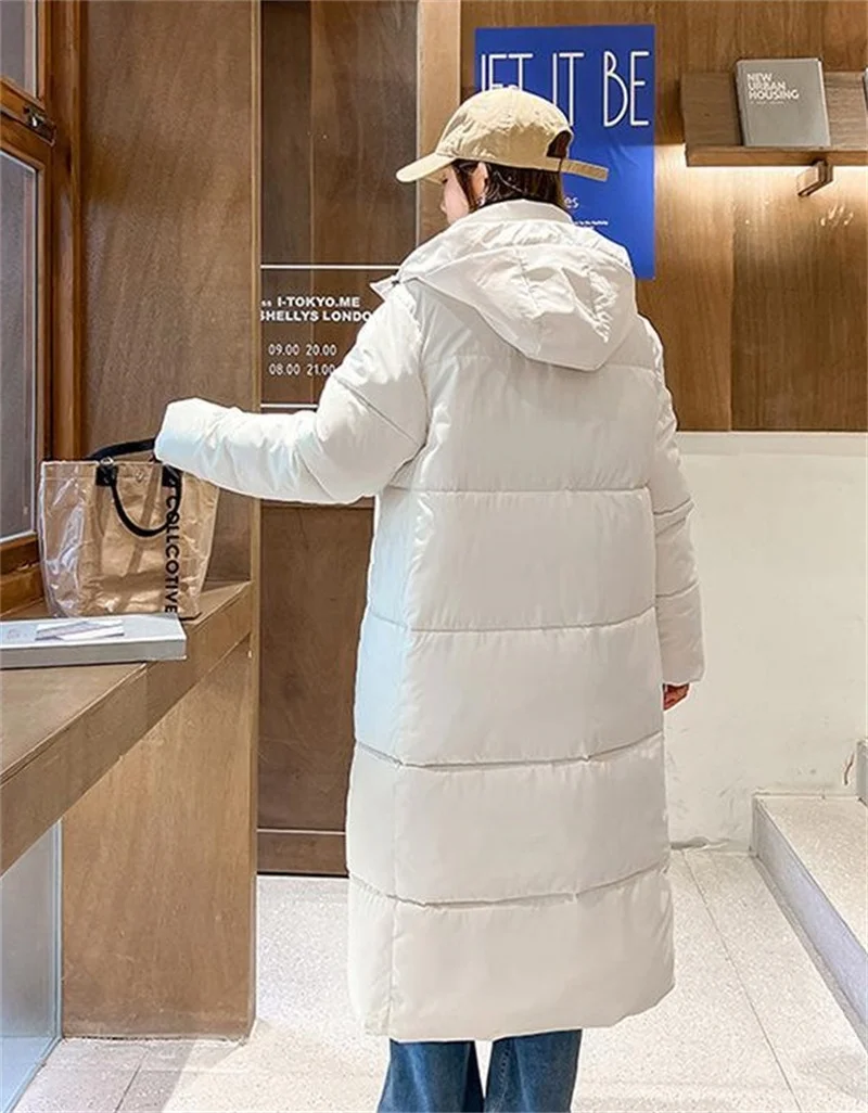 2025 Solid Long Down Parka Women with Hood Cotton Padded Jacket Winter Overcoat Fashion Thicken Warm Puffer Coat Female