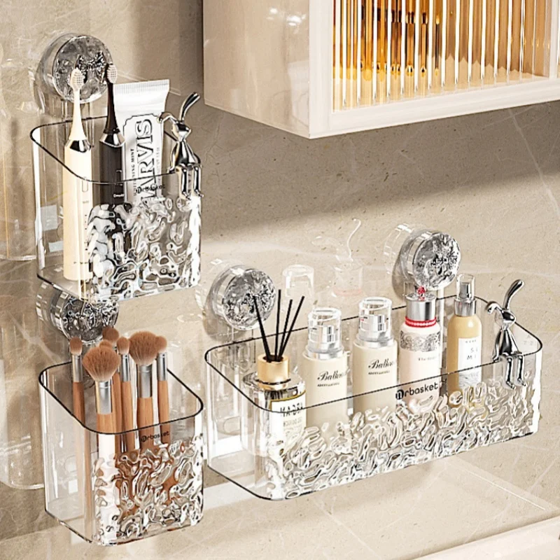 

Light Luxury Style Glacier Pattern Suction Cup Shelf Bathroom Shower Punch-Free Wall Mounted Storage Rack Draining Basket Holder