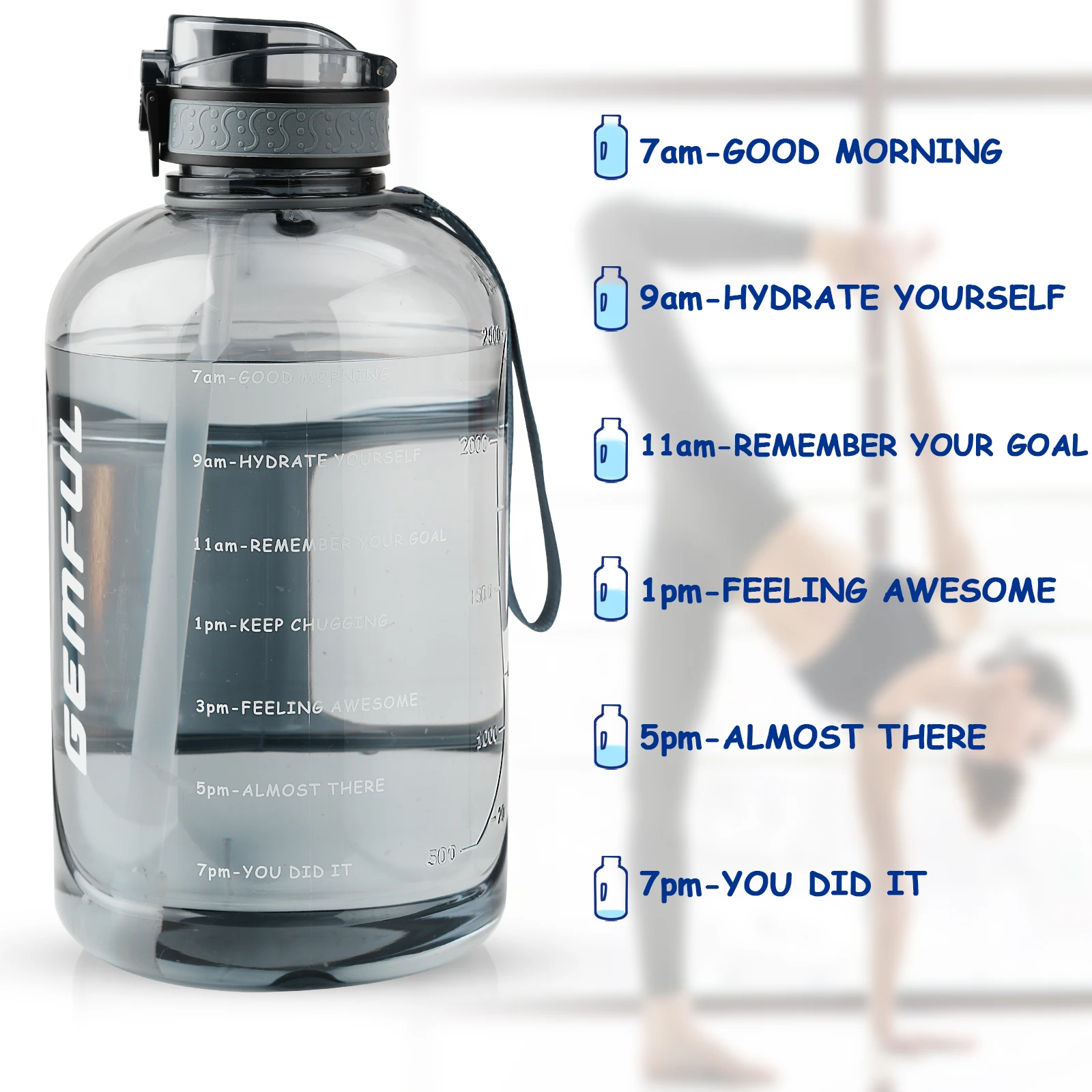 GEMFUL Large Water Bottle Motivational 3L - BPA Free Big Jug for Men Women