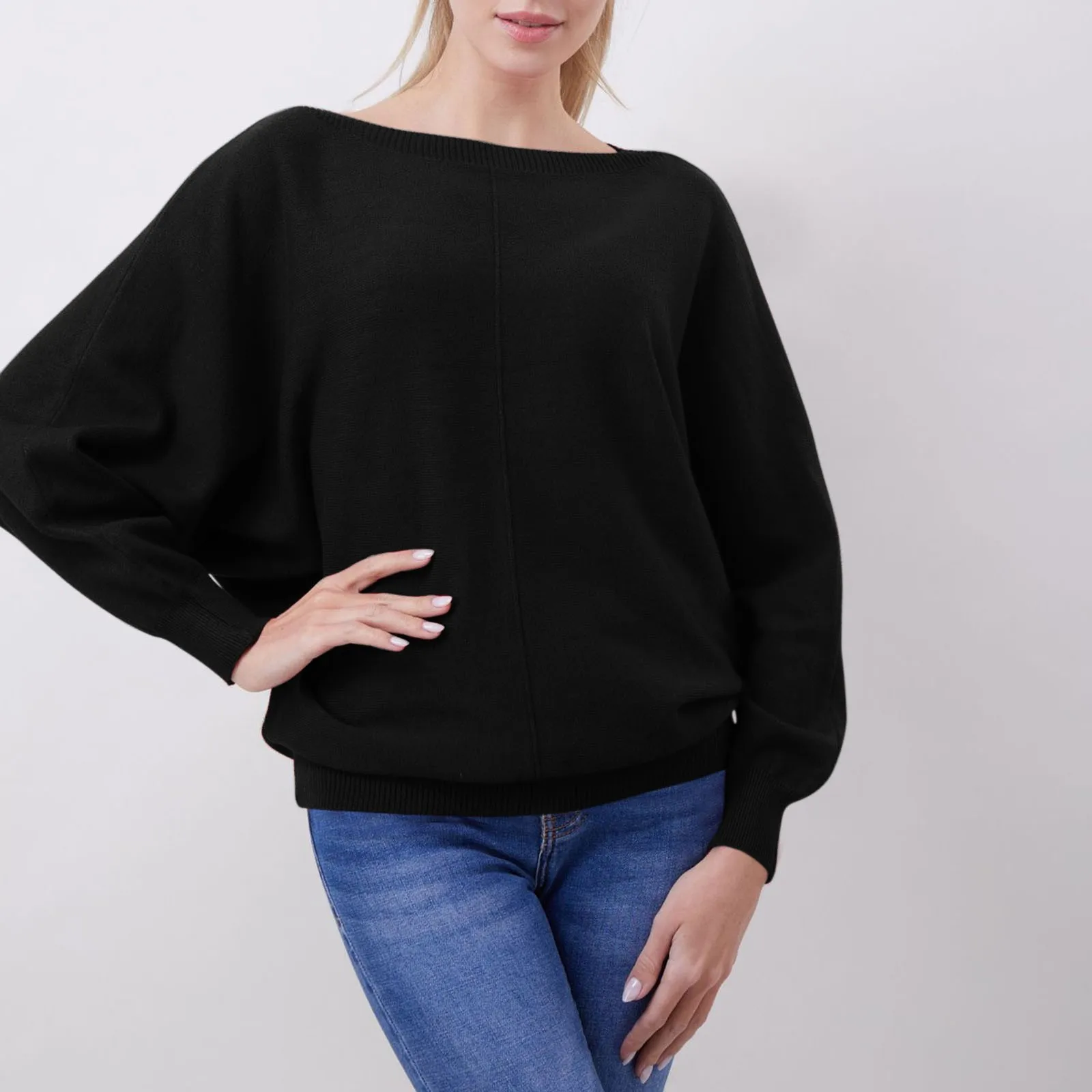 

Women's Autumn And Winter Off-The-Shoulder Long Sleeve Pullover Sweater Solid Color One-Word Collar Bat-wing Sleeve Knitwear