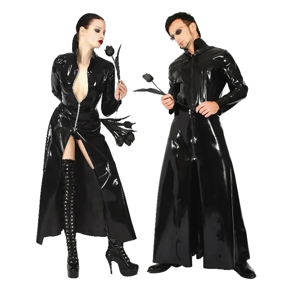 Black Latex Catsuit PVC Leather Catsuit The Matrix Costume Gay Latex Costume Stretchable Spandex Patent Leather Long Coat