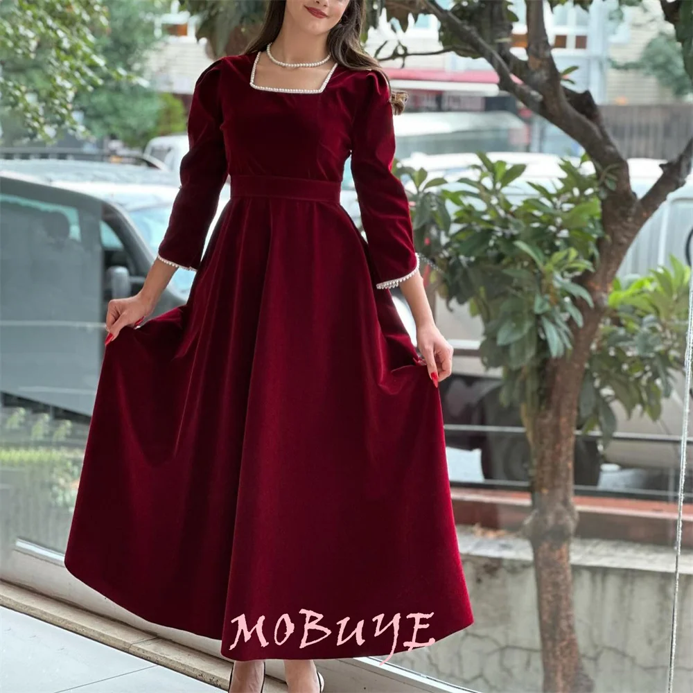 

MOBUYE 2024 Popular Square Collar Prom Dress Floor-Length With Long Sleeves Evening Fashion Elegant Party Dress For Women