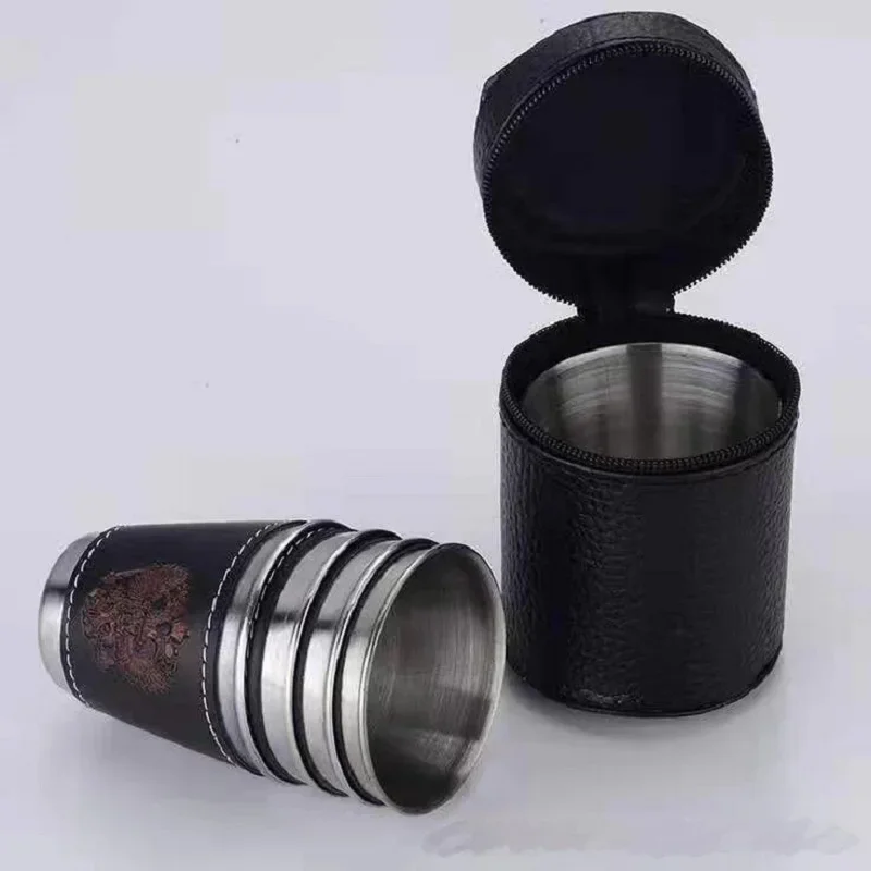 Stainless Steel Cups 4Pcs/set Shot Glasses with Leather Case Espresso Shot Cups Barware Drinking Vessel Camping Home Restaurant Mug