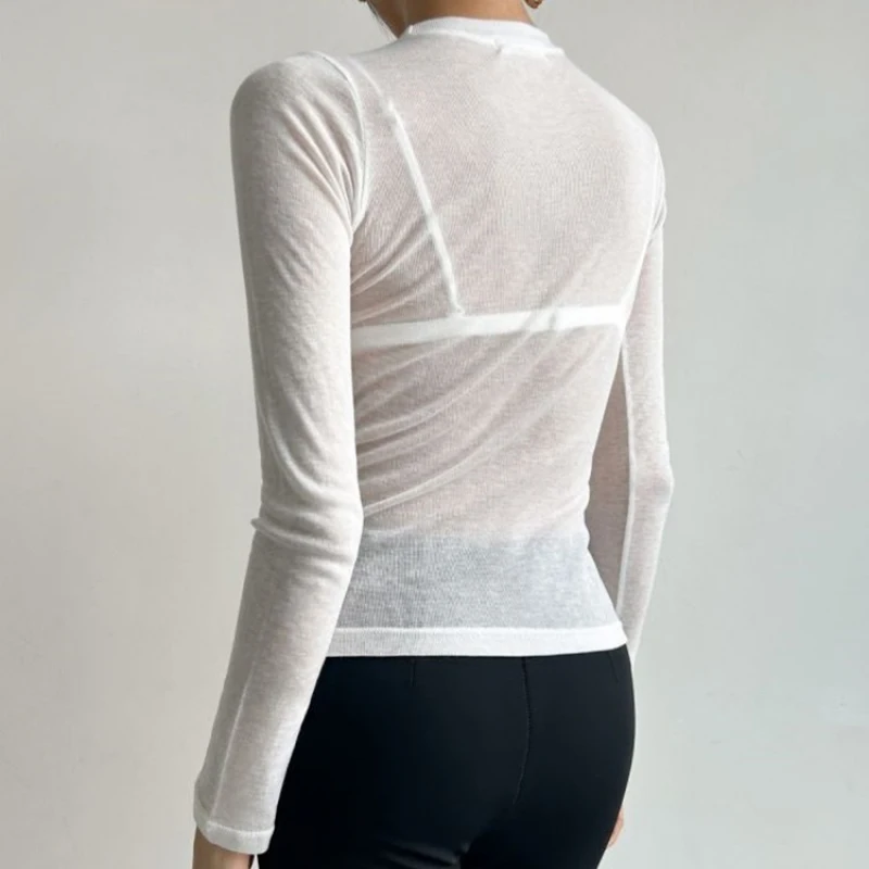 Women Long Sleeve T Shirt O Neck Solid See Through