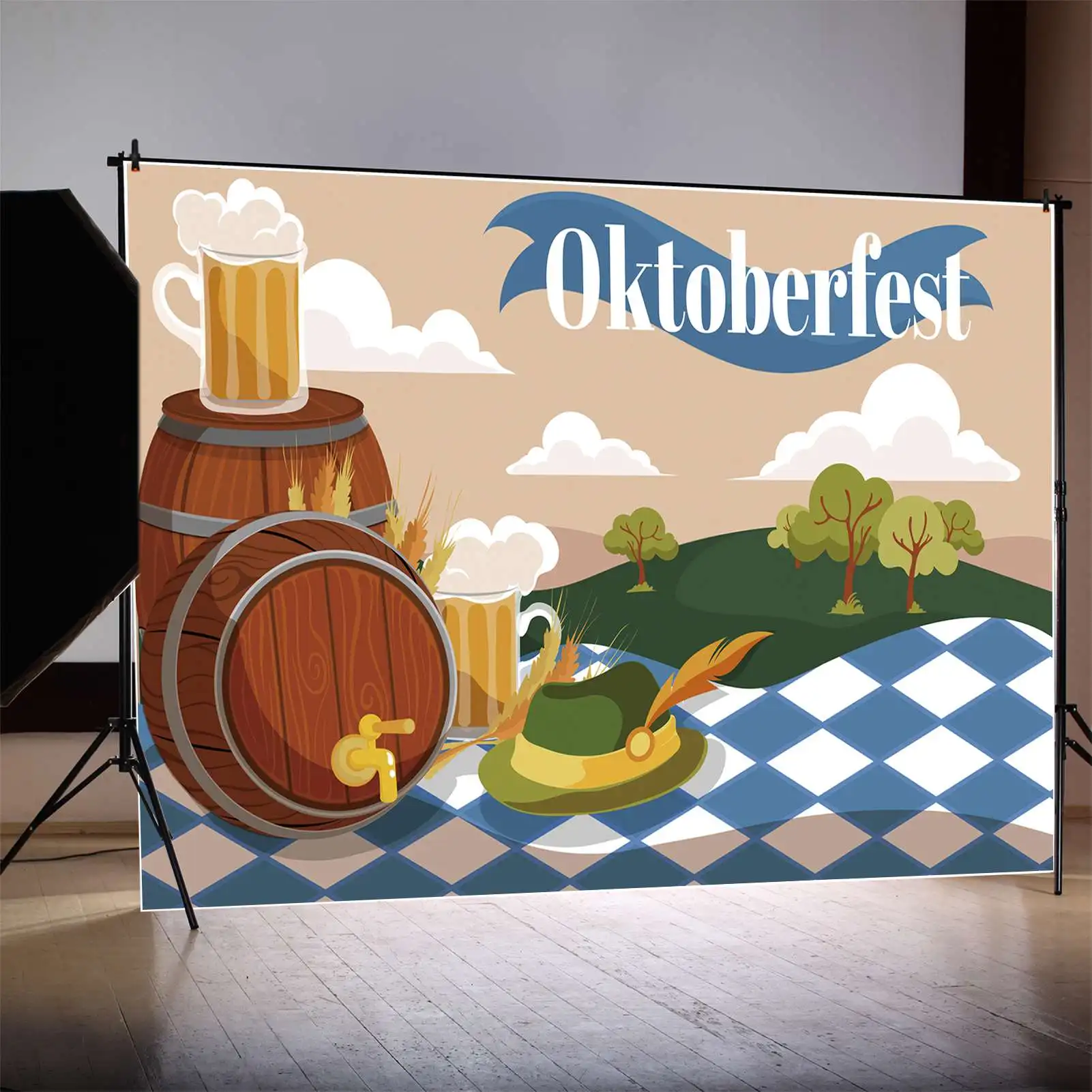 Moon.Qg Fondale Oktoberfest Party Beer Festival Outdoor Picnic Party Background Green Hill Blue Check Cloth Barrel Photo Booth