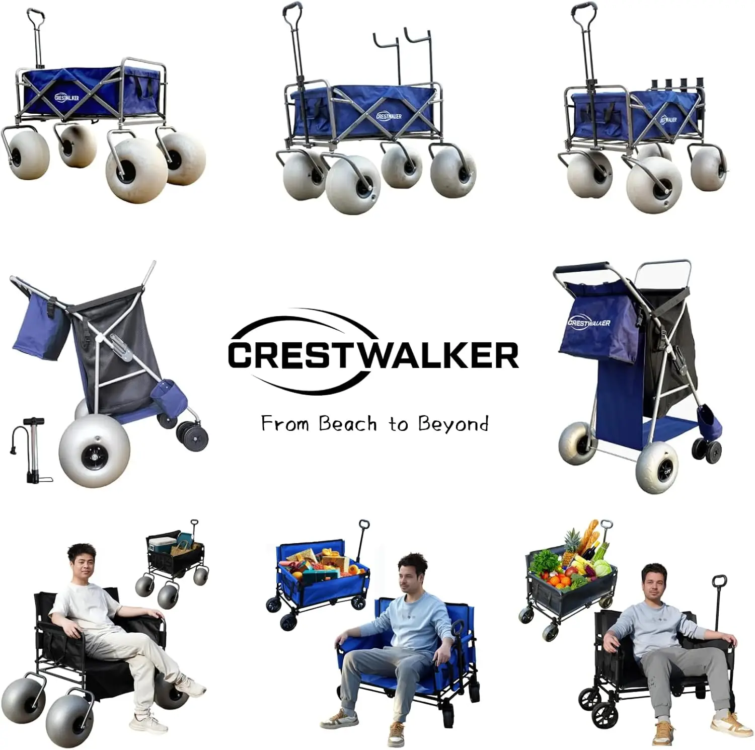 2025-hotBeach Cart with 13" Balloon Wheels, Collapsible Beach Wagon with Big Wheels for Sand, Pump Included (Beach Wagon)