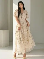 فستان حفلات نسائي بخصر عالٍ ، شاش أنيق ، كشكشة ، أكمام قصيرة ، تطريز زهور ، موضة ، جديد ، ربيع ، أو 13DB5099 1