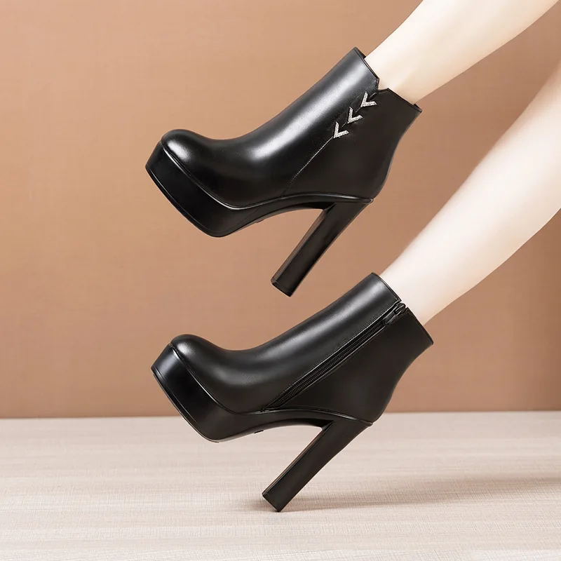 High quality short ankle leather boots for women13cm high heel platform new 2023 autumn winter 33 42 43 elegant shoe black red