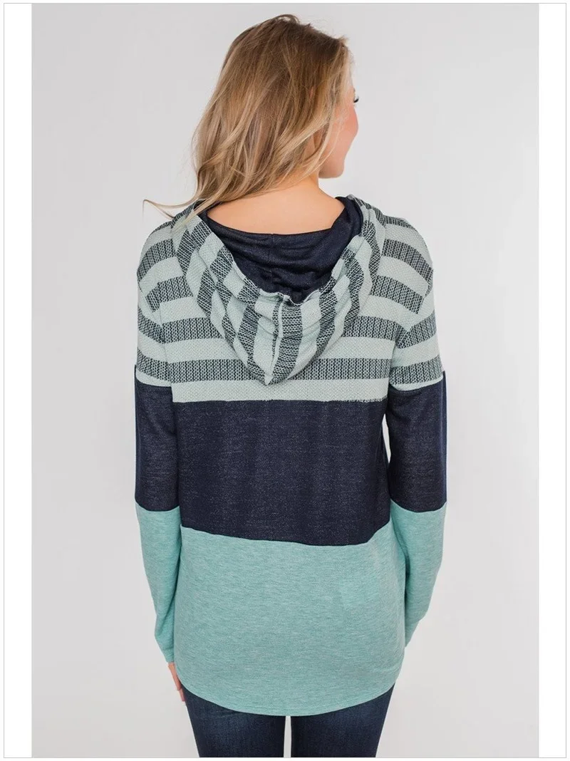 Women Contrast Colors Drawstring Loose Casual Sweatshirts Multicolors Long Sleeve Pullovers Patchwork Striped Hooded Pullovers
