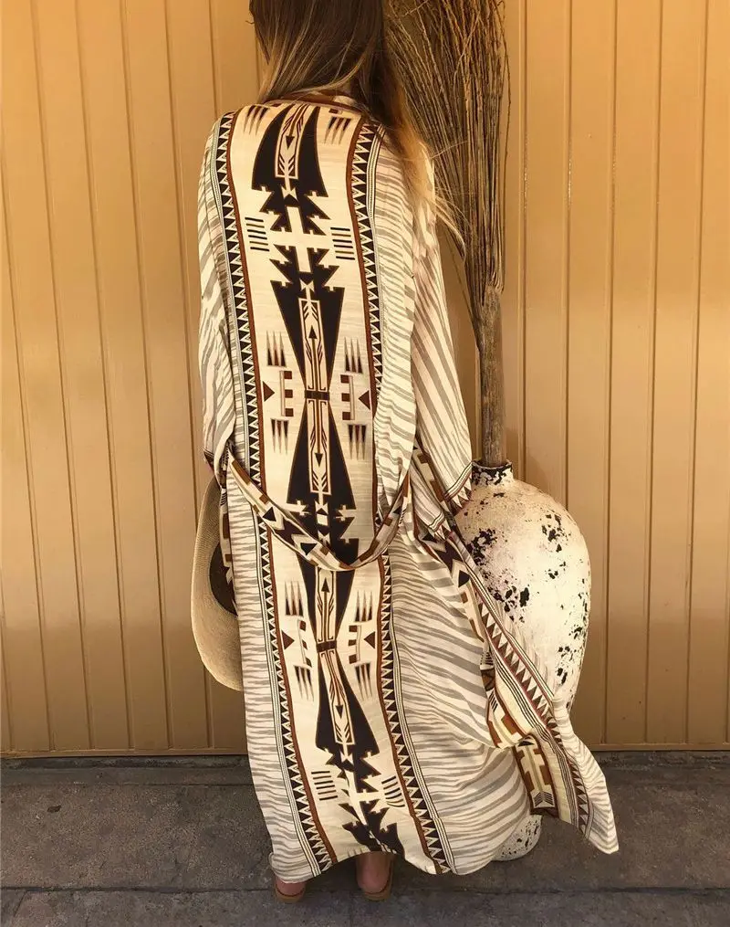 

TEELYNN Boho Beach Cover Up Cotton Beige Ethnic Print Kimono Cardigan Dress Vestidos Women Long Sleeve Tunic Blouses Cover-ups