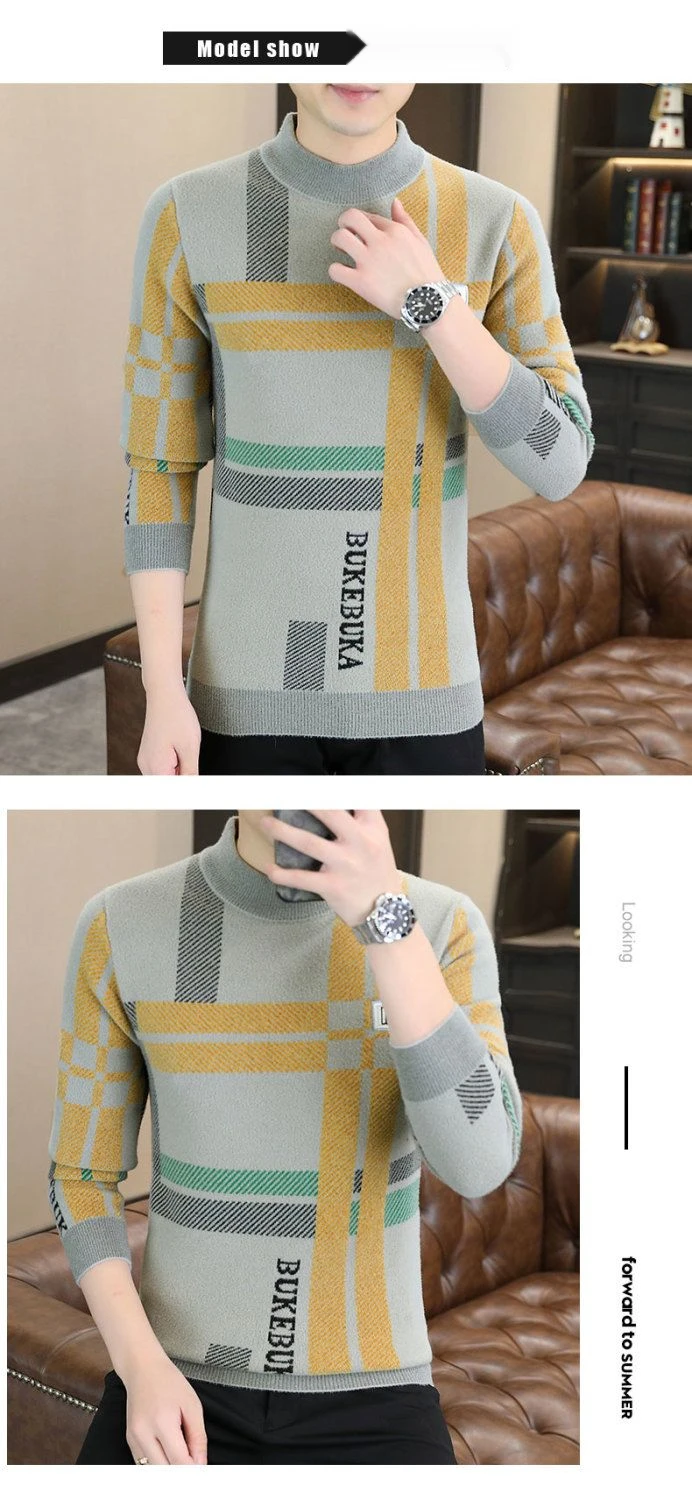 Pull à col mi-haut pour hommes en automne et en hiver, chemise à col mi-haut, tricot haut de gamme en jacquard rayé, neuf_voghion.com
