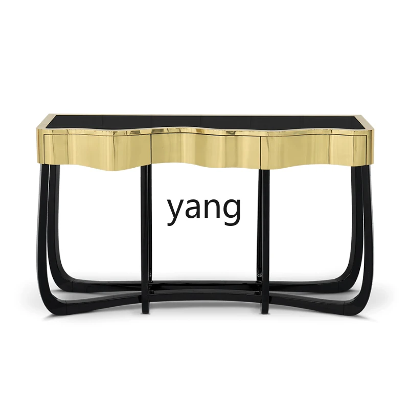 

LMM Light Luxury Stainless Steel Console Table Creative Tempered Glass Living Room Simple Wall Table