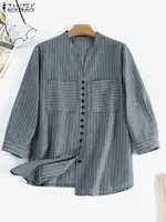 ZANZEA Women Vintage Striped Blouse Summer 3/4 Sleeve Loose Shirt Fashion V-Neck Button Up Tops Elegant Blusas Femme Tunic Mujer - Image 5