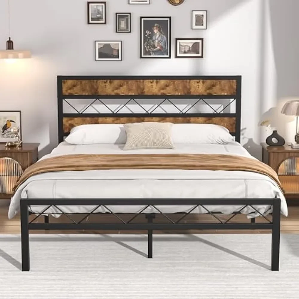 

Queen Metal Platform Bed Frame with Rustic Vintage Wooden Headboard, Heavy Duty Metal Slats Support, Platform Mattress Base