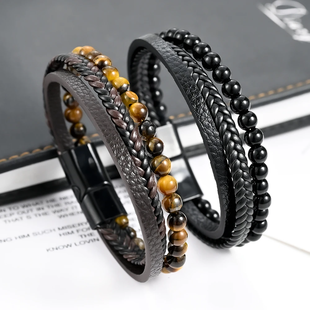 New leather bracelet men's fashion tiger natural stone eye beaded multi