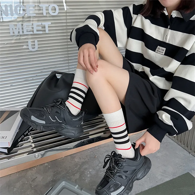 Ins college style retro pile cotton women\'s socks spring new stripe medium tube double needle women\'s socks