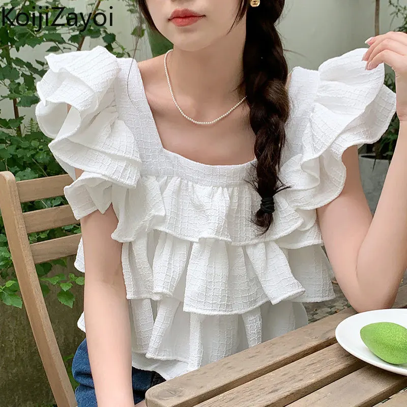 

Koijizayoi Sweet Women Ruffled Slim Shirt Short Sleeves Square Collar Fashion Lady Chic Korean Blouse Dropship Tops 2022 Blusas