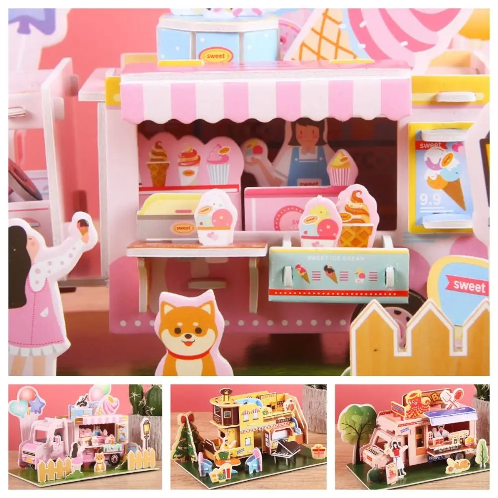 Ice Cream Shop DIY Puzzle Dollhouse Room Doll House Cartoon 3D Cafe Puzzle Room Cardboard Handmade Pretend Play Takoyaki Shop