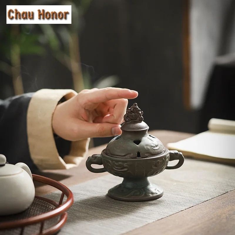 Antique Double Ear Bronze Pattern Ceramic Incense Burner Plate Art Sandalwood Furnace Zen Censer Burner Holder Home Decoration