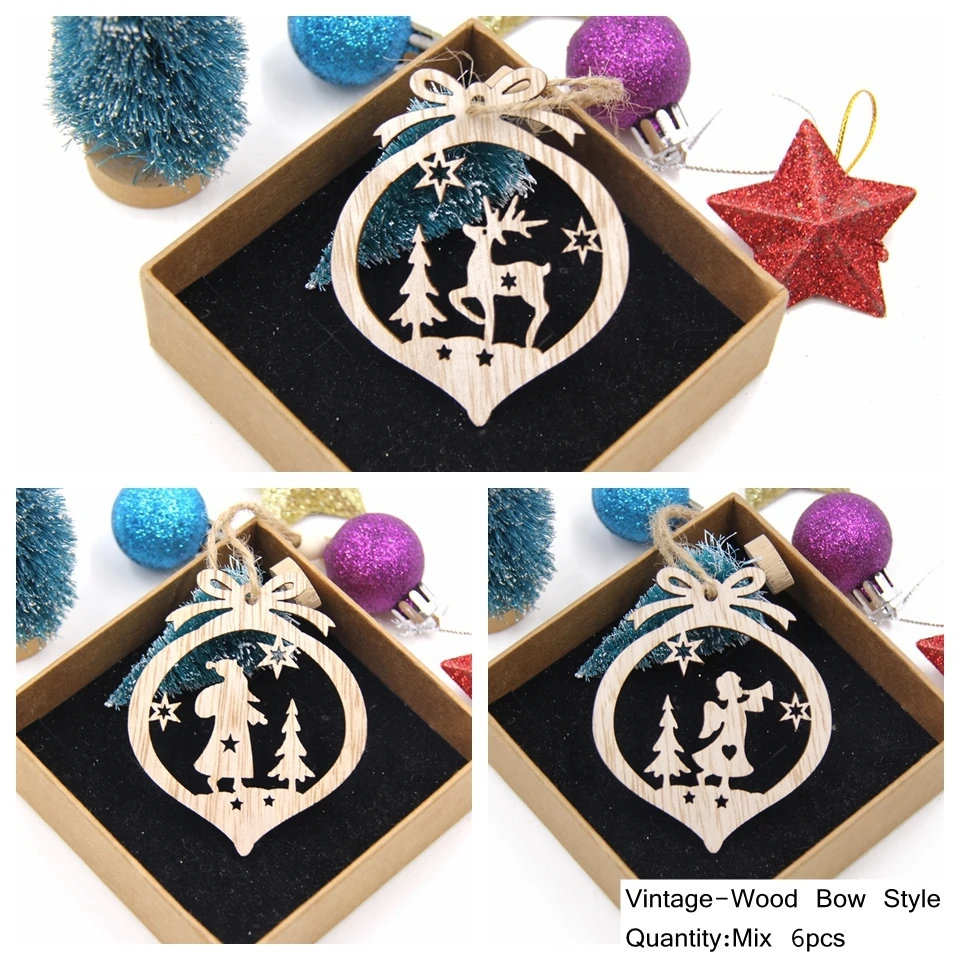 Christmas Wooden Pendants Hollowed Bell/Star/Ball Hanging Ornaments Naviada Home Party Tree Decor DIY Painting Noel Gift 9Pcs