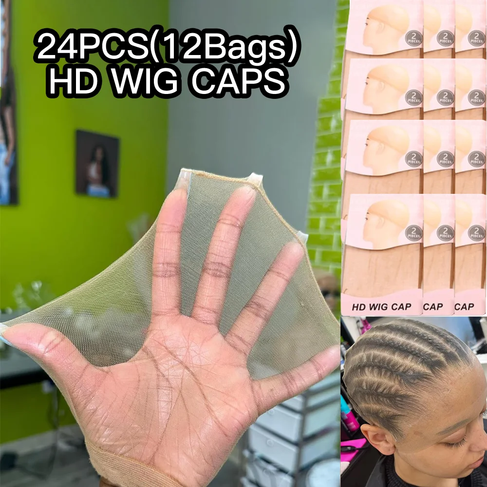 24Pcs(12Bags) HD Thin Stocking Wig Caps Soft Lightweight HD Wig Cap Breathable Stretchy Caps Secure Your Hair for Women