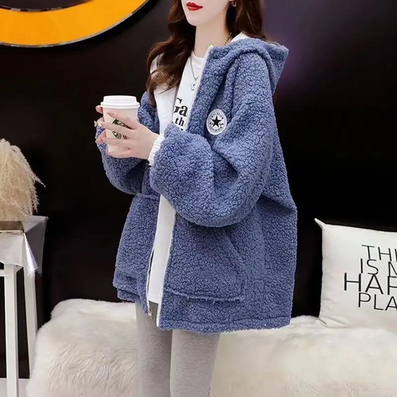 Double-Sided Lamb Wool Cotton Jacket for Women, Loose Coat for Student, Thick Clothing, Lazy Wind, New Style, 2023